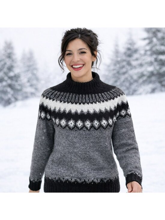 Handmade Milagros Imports Alpaca Wool Sweater Nordic Pattern Black/Grey/White Wo - Picture 11 of 15